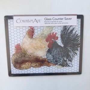 CounterArt Whimsical Roosters Glass Counter Saver 8x10 Farmhouse Cutting Board